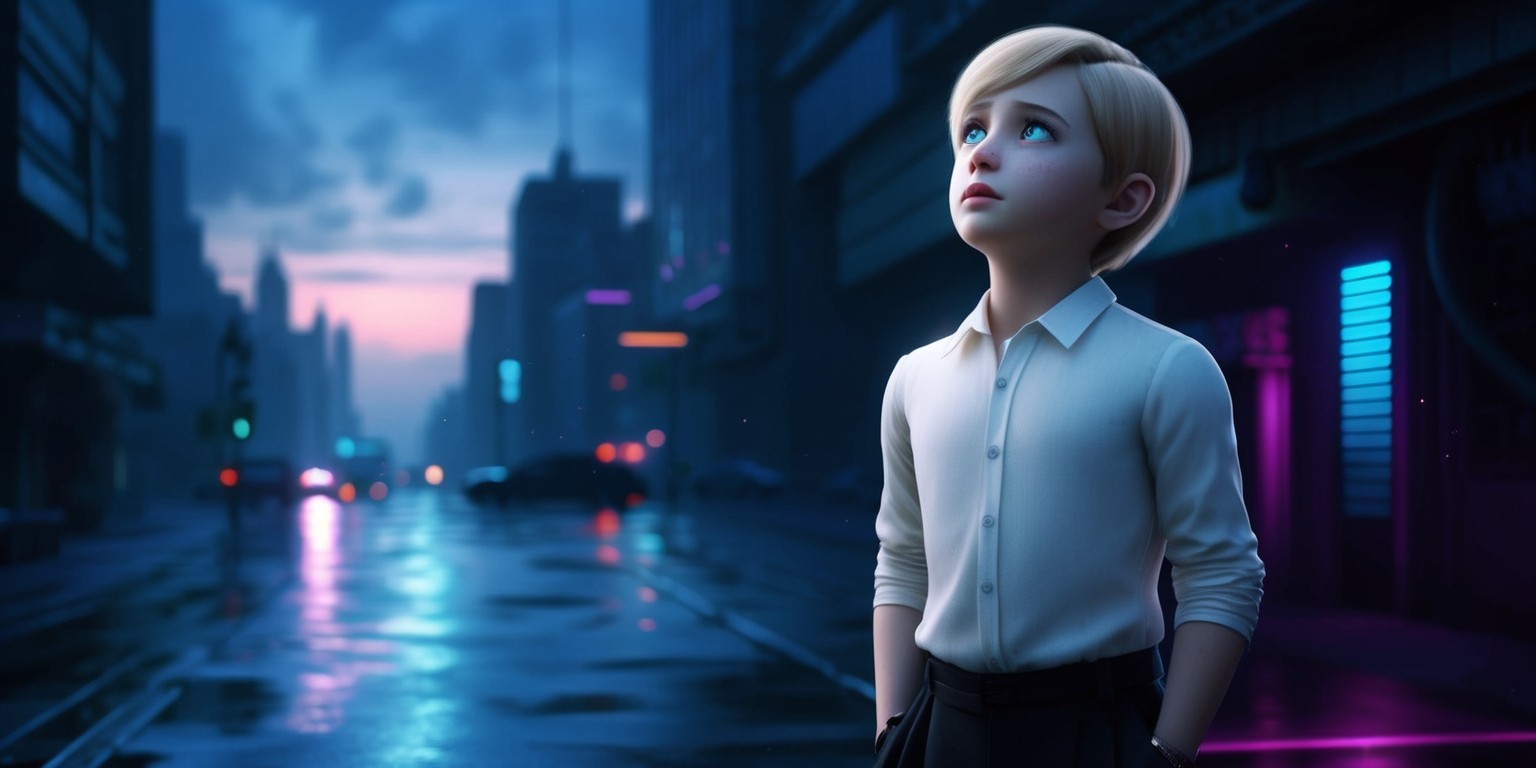 A futuristic and dystopian cityscape at twilight, with neon lights reflecting off wet pavement, serving as the backdrop for a hauntingly beautiful depiction of David, the highly advanced android boy from the A.I. Artificial Intelligence movie, standing alone with an introspective expression, his porcelain skin and delicate features capturing a sense of childlike innocence, with piercing blue eyes that seem to hold a deep sadness, wearing a simple but elegant white shirt and dark trousers, his blond hair neatly combed, as he looks upward with a mix of wonder and longing, surrounded by subtle hints of robotics and machinery, with a faint glowing blue circuitry pattern visible beneath his skin, conveying a sense of both humanity and artificiality, set against a dark and moody atmosphere with shades of blue and purple dominating the color palette.