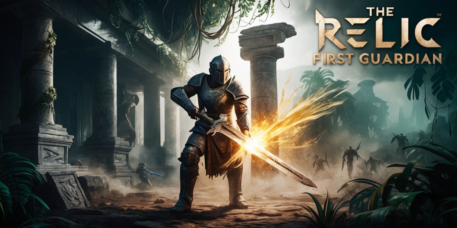 A cinematic key art illustration for an action-adventure video game titled The Relic: First Guardian, featuring a lone armored guardian standing in an ancient jungle temple, gripping a massive weathered sword and protecting a radiant mystical relic. Ruined stone pillars, tangled vines, carved symbols, drifting dust, and distant shadowy enemies create a sense of danger and discovery. Dramatic golden light from the relic contrasts with deep teal, emerald, and charcoal shadows, with atmospheric mist and dynamic energy surrounding the guardian. Epic fantasy realism, highly detailed armor and stone textures, strong silhouette, heroic low-angle composition, wide cinematic framing, polished AAA game cover aesthetic. The title The Relic: First Guardian appears prominently at the top in bold weathered metallic lettering, with a subtle ancient runic motif, warm ivory and gold highlights, and a refined adventure-game logo design.