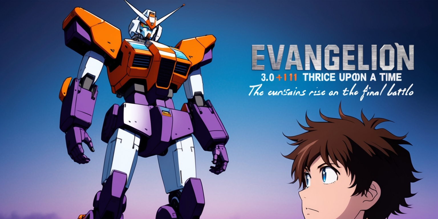 A cinematic poster for the Evangelion: 3.0+1.11 Thrice Upon a Time movie, set against a gradient backdrop of deep blues and purples, evoking a sense of moody introspection, with the iconic Evangelion Unit-01 standing tall in the center, its bright orange and purple armor gleaming in the faint light. In the foreground, a delicate, hand-drawn illustration of Shinji Ikari, the protagonist, with his distinctive blue eyes and tousled brown hair, looks up at the mecha with a mix of determination and trepidation on his face. The title of the movie, Evangelion: 3.0+1.11 Thrice Upon a Time, is emblazoned across the top in bold, metallic silver font, with the tagline The curtains rise on the final battle written in smaller text below in a flowing, cursive script. The overall style is a blend of modern digital art and traditional anime aesthetics, with bold lines, vibrant colors, and a sense of dynamic energy.