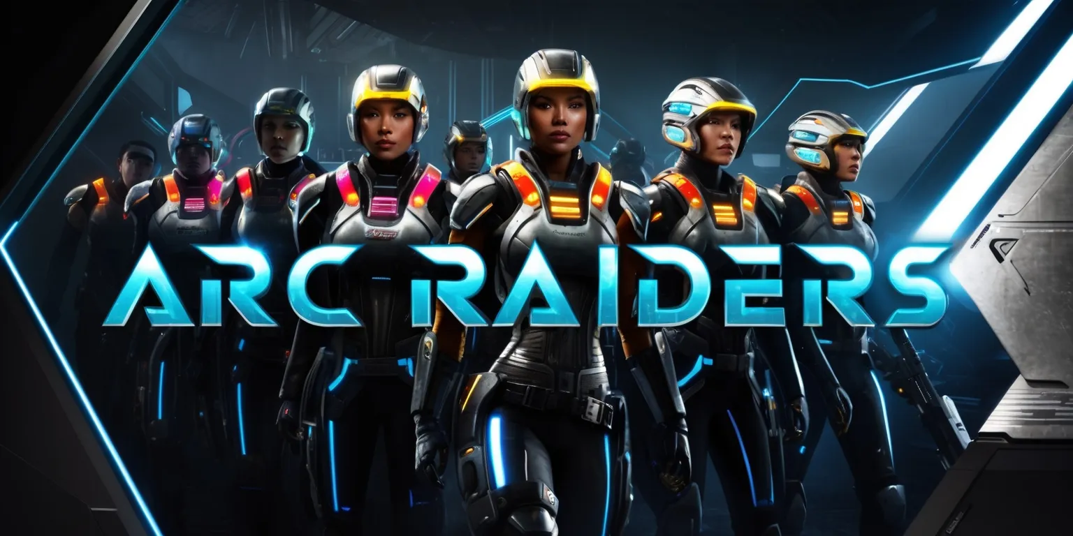 A futuristic scene depicting a group of Arc Raiders from the game, set against a dark and gritty sci-fi backdrop with a mix of metallic and neon colors, the raiders themselves wearing sleek high-tech armor with vibrant accents, their facial features determined and strong, with a range of skin tones, the image captured in a dynamic widescreen format with bold lines and sharp angles, the Arc Raiders logo prominently displayed in a stylized metallic font with a bright blue glow, the overall aesthetic a blend of intense action and cutting-edge technology, with a sense of high-stakes adventure and danger lurking in the shadows.