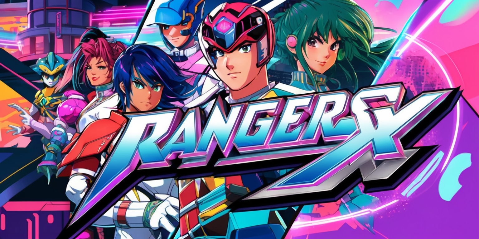 A vibrant anime-style illustration of the Rangers X game, featuring a group of diverse characters with dynamic facial expressions, intricate costumes, and unique hairstyles, set against a bold, fantastical background with Japanese-inspired architecture, neon lights, and abstract patterns, in a stylized digital art style with bold lines, textured details, and a blend of bright, pastel colors, with the Rangers X logo prominently displayed in a futuristic, metallic font with sharp edges and a silver finish, surrounded by subtle, glowing effects and abstract shapes that evoke a sense of energy and movement.