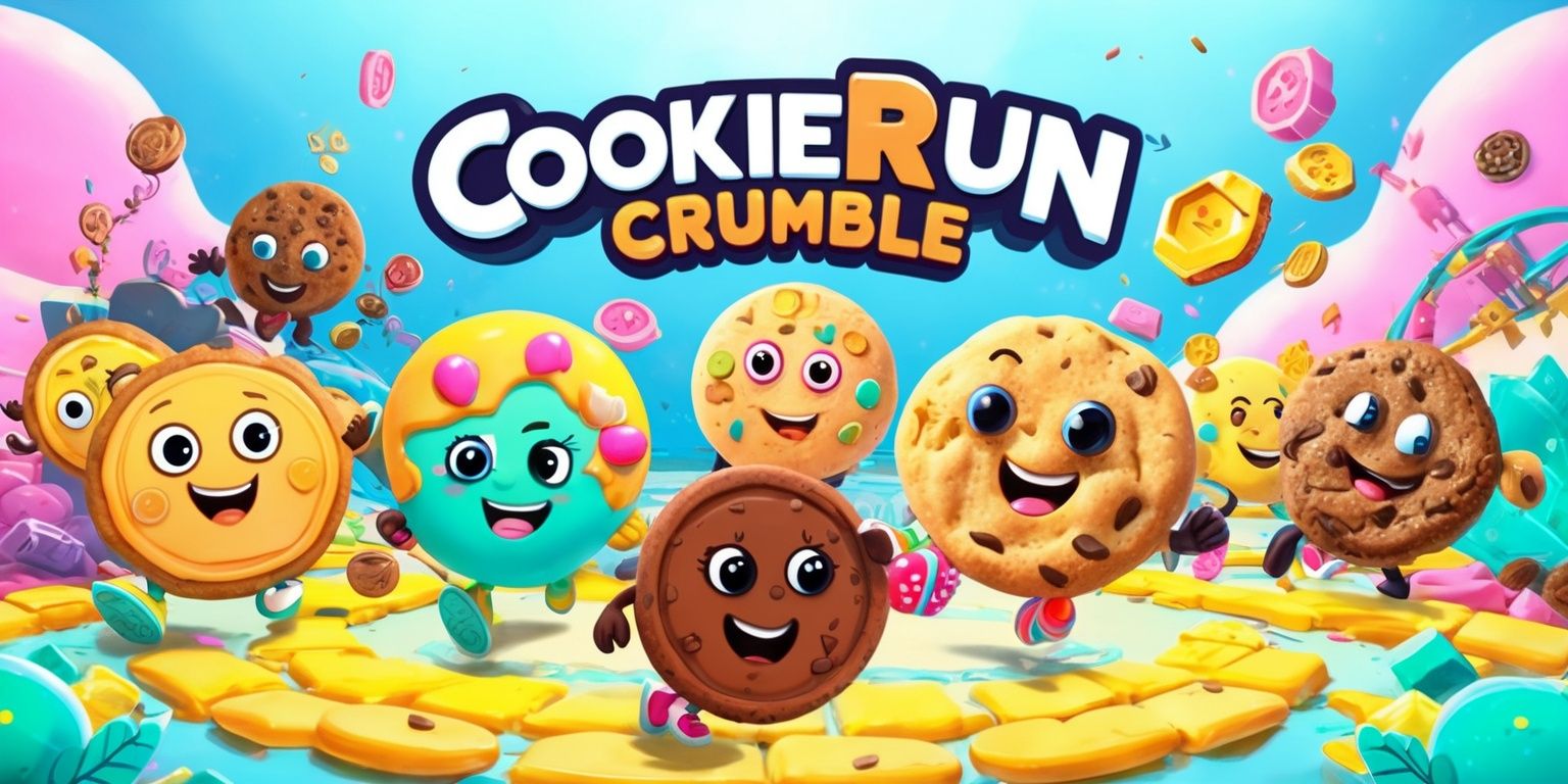 A vibrant and colorful digital illustration of the CookieRun: Crumble game scene, with a variety of cookies as main characters, each with unique facial features and expressions, set against a soft, gradient blue background, filled with obstacles, power-ups, and treasures, with bold, white font title CookieRun: Crumble prominently displayed at the top, and a mix of bright, pastel colors, including pink, yellow, and mint green, used throughout the scene, with dynamic lighting effects and subtle textures, and a sense of movement and energy, capturing the excitement and adventure of the game.