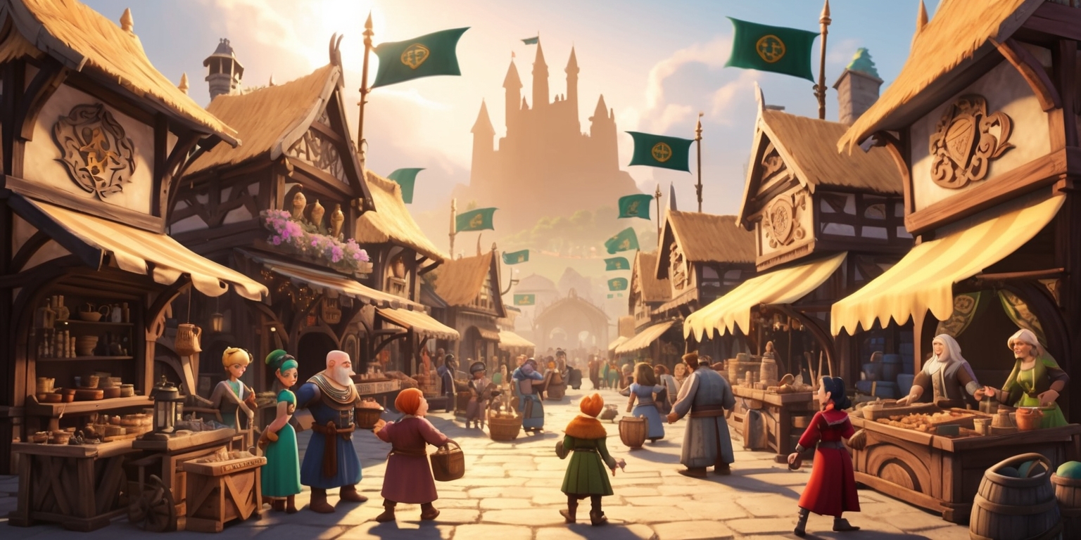 A bustling medieval fantasy marketplace scene inspired by the popular mobile game Shop Titans, with a warm and inviting color palette featuring earthy tones of beige, brown, and green, and a hint of magic in the air. The scene is set during the day, with soft, golden sunlight casting a gentle glow on the various stalls and shops, each uniquely designed with intricate wooden carvings and ornate metalwork. Merchants and townspeople of diverse skin tones and facial features, including some with pointed ears and fantastical hairstyles, go about their daily business, some engaged in lively conversations, others busily crafting goods or tending to their wares. In the background, the silhouette of a majestic castle rises above the rooftops, with flags bearing the game's logo waving gently in the breeze.