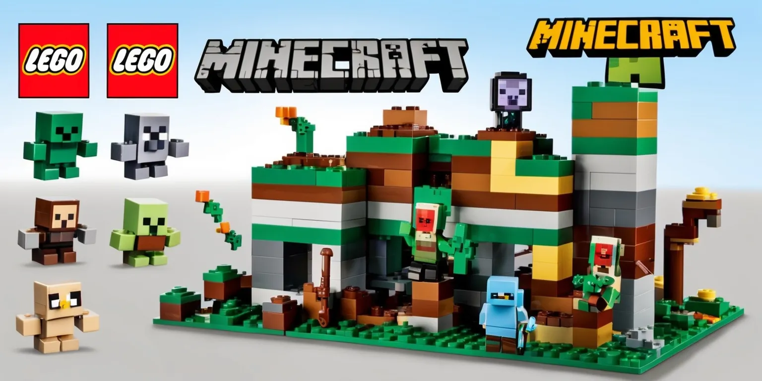 A highly detailed Lego Minecraft set with intricate brickwork and miniature figures, featuring a vibrant color palette including shades of green, brown, and gray, with a mix of bright and muted tones, set against a clean and simple background that allows the Lego pieces to be the main focus, with various Minecraft characters and creatures such as Steve, Creeper, and Enderman, each with unique facial features and accessories, and the Lego logo prominently displayed in a bold, red, and yellow font, with the Minecraft logo also visible in a stylized, pixelated design.