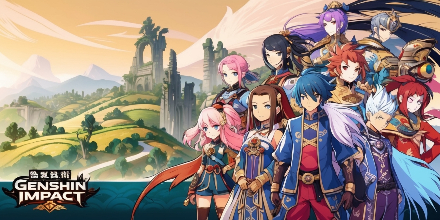 A vibrant, fantastical illustration depicting a scenic landscape from the popular online game Genshin Impact, with rolling hills, towering trees, and mystical ruins in the background, set against a warm, golden sunset sky with soft, feathery clouds. In the foreground, a group of characters from the game, including the protagonist, Paimon, and other popular figures, are shown standing together, each with their unique outfits, hairstyles, and accessories. The character designs blend traditional Chinese elements with a modern anime-inspired aesthetic, featuring intricate details, bold lines, and dynamic poses. The color palette is a mix of soft pastels, rich jewel tones, and metallic accents, with a subtle gradient effect to evoke a sense of depth and dimensionality. The overall style is dynamic, action-packed, and full of energy, capturing the essence of the game's adventurous spirit.