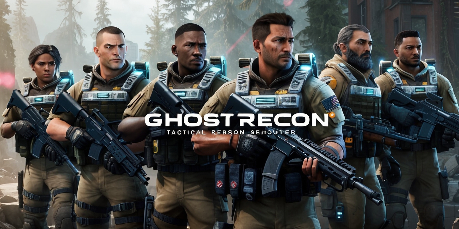 A futuristic tactical third-person shooter video game scene from Ghost Recon, featuring a team of elite special forces operatives, with varying facial features, skin tones, and unique attributes, dressed in advanced military uniforms and equipped with high-tech gear, set against a backdrop of a densely forested or urban warfare environment, with a mixture of earthy tones, metallic colors, and neon accents, in a photorealistic style, with a cinematic layout and framing, incorporating subtle lighting effects, and detailed textures, with the Ghost Recon logo subtly integrated into the scene, in a bold, modern font, with the overall mood being one of tension and strategic planning.