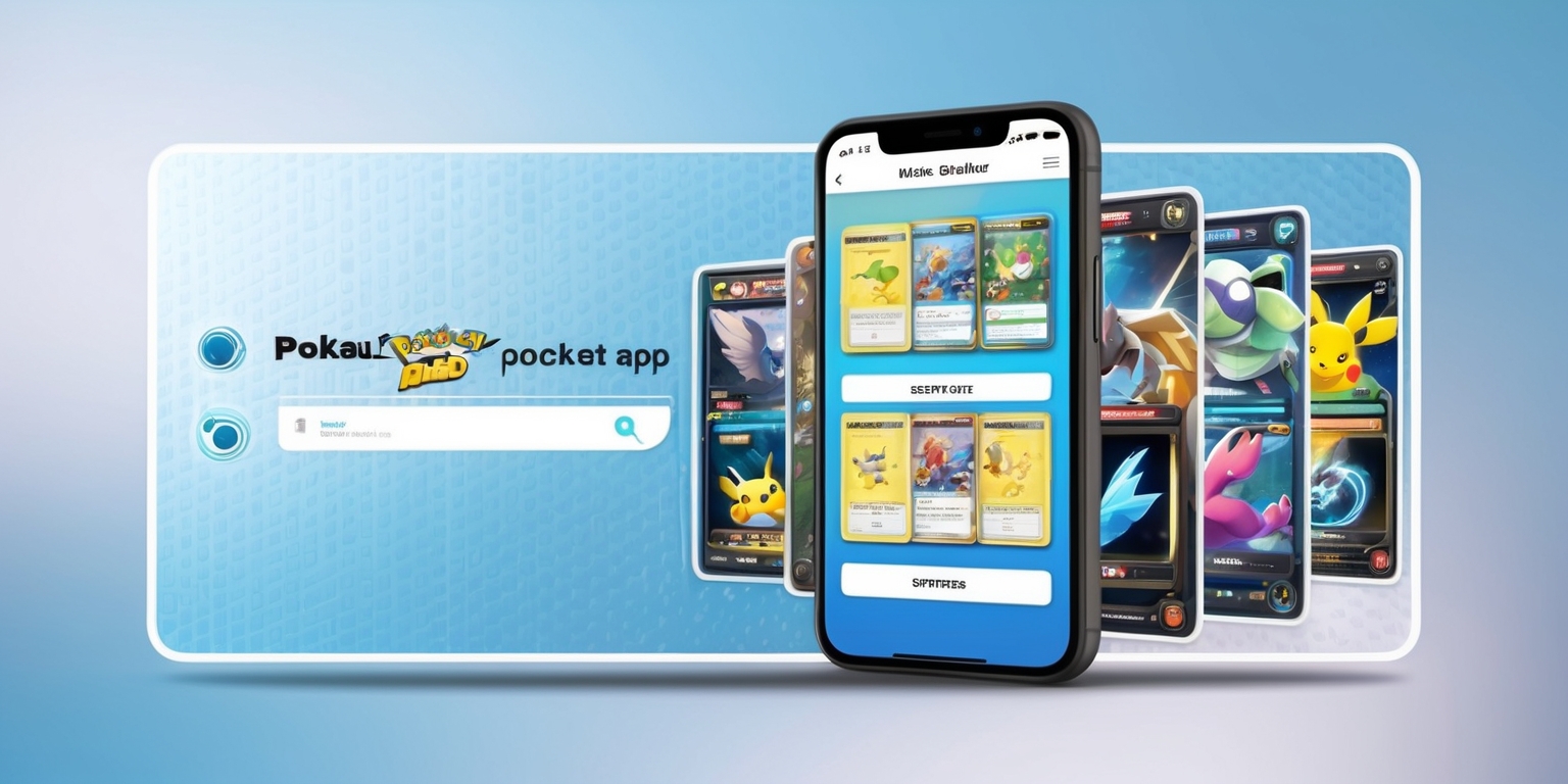 A modern, sleek, and vibrant digital illustration of the Pokémon Trading Card Game Pocket app's interface on a mobile device, showcasing a clean and minimalistic design with a subtle Poké Ball-inspired pattern in the background, featuring a prominent search bar, deck builder, and card library sections with various Pokémon cards displayed, including iconic characters such as Pikachu, Charizard, and Squirtle, with detailed textures and realistic lighting effects, surrounded by a thin white border, set against a soft, gradient blue tone that evokes a sense of excitement and adventure, with crisp, legible font styles and colorful icons throughout.