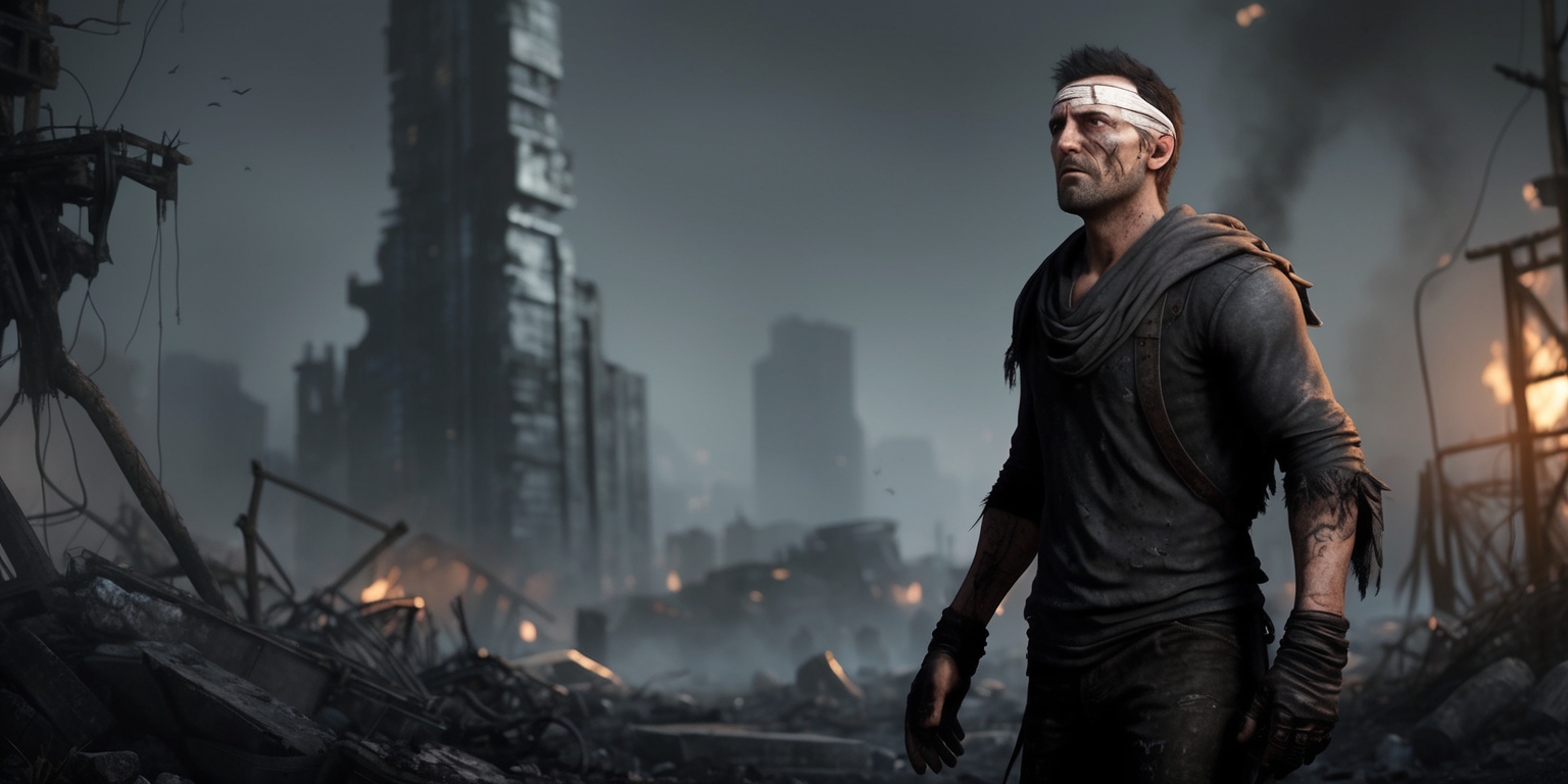 A haunting, atmospheric illustration of a dark war survival game, set in a desolate, post-apocalyptic landscape, with a dark grey and brown color palette, conveying a sense of grit and desperation. In the foreground, a lone survivor, clad in tattered, black clothing, with torn gloves and a makeshift bandage on their forehead, stands amidst the ruins of a once-thriving city, gazing up at a twisted, metallic skyscraper in the distance. The survivor's face is dirty, with sunken eyes, a strong jawline, and a look of determination etched on their weathered skin. The background is a blur of destruction, with rubble, twisted metal, and faint hints of smoke, hinting at the chaos that has unfolded. The overall mood is tense, ominous, and foreboding, with subtle, flickering light sources casting long shadows, emphasizing the sense of danger and uncertainty.