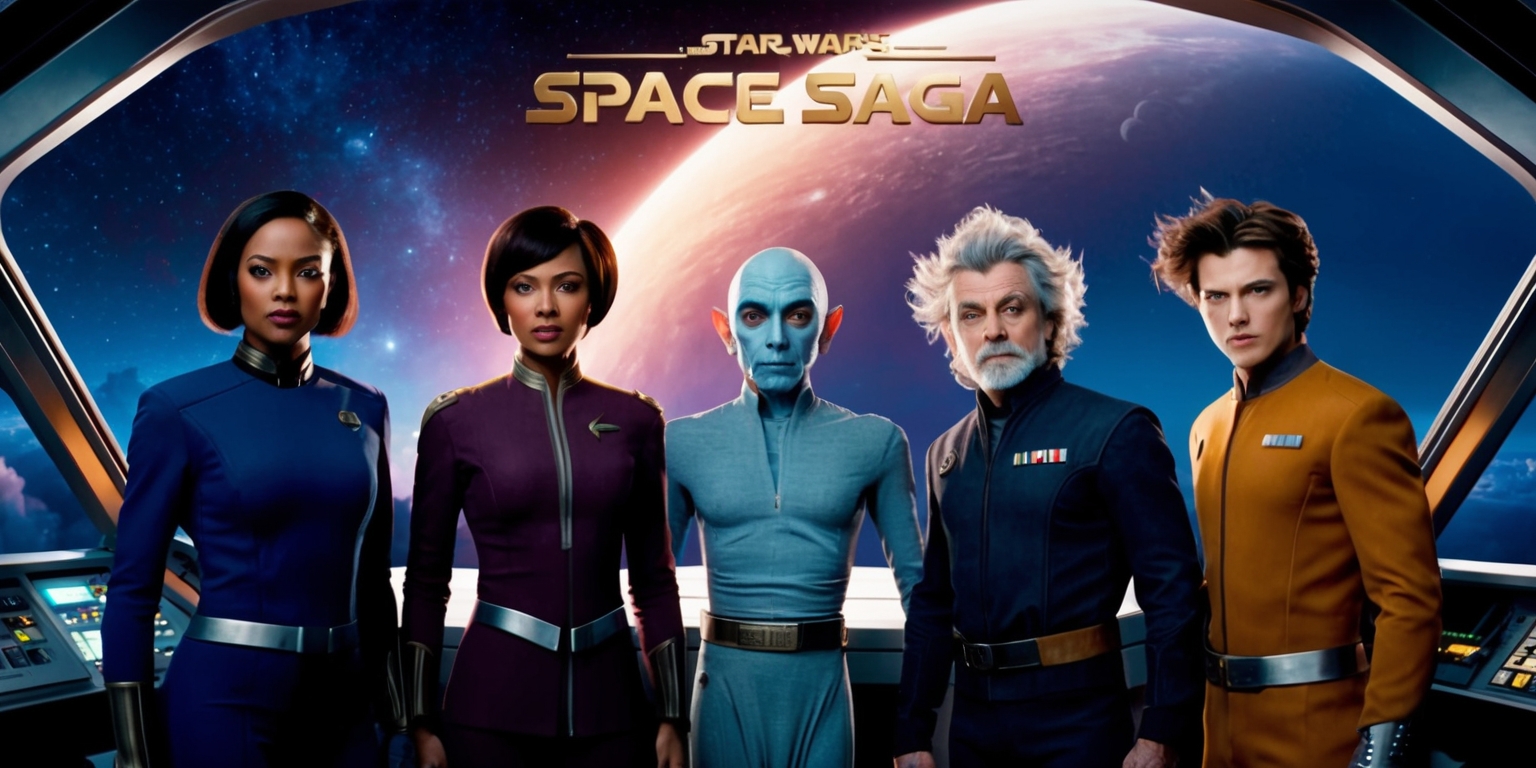 A dramatic scene from a space saga TV series set in a distant galaxy, with a diverse cast of characters, including a fearless female captain with short, dark hair and brown skin, a wise, older male alien with pale blue skin and large, black eyes, and a young, brooding male pilot with messy, blond hair and a strong jawline, standing together on the bridge of their sleek, silver spaceship, surrounded by a stunning, starry night sky, with a massive, glowing planet looming in the background, and a mix of futuristic, high-tech controls and classic, analog instruments, in a vibrant, cinematic color palette with deep blues and purples, and bold, golden accents, with the TV series title, in a bold, metallic font, emblazoned across the top of the image.