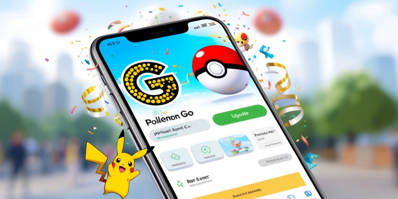 A bright and colorful digital screenshot or illustration showcasing a smartphone's screen displaying the Pokémon Go game's update page, with a clean and modern user interface, subtle gradients, and a mix of white and soft pastel colors, featuring the game's iconic logo, a stylized letter G made up of tiny balls, in a bold and vibrant Poké Balls, possibly with a few confetti or celebratory elements, surrounded by various buttons, menus, and notifications, with a blurred-out cityscape or outdoor environment in the background, signifying the game's augmented reality aspect, and maybe a few Pokémons, such as Pikachu or other recognizable characters, scattered throughout the design, all blending together to convey a sense of excitement and adventure.