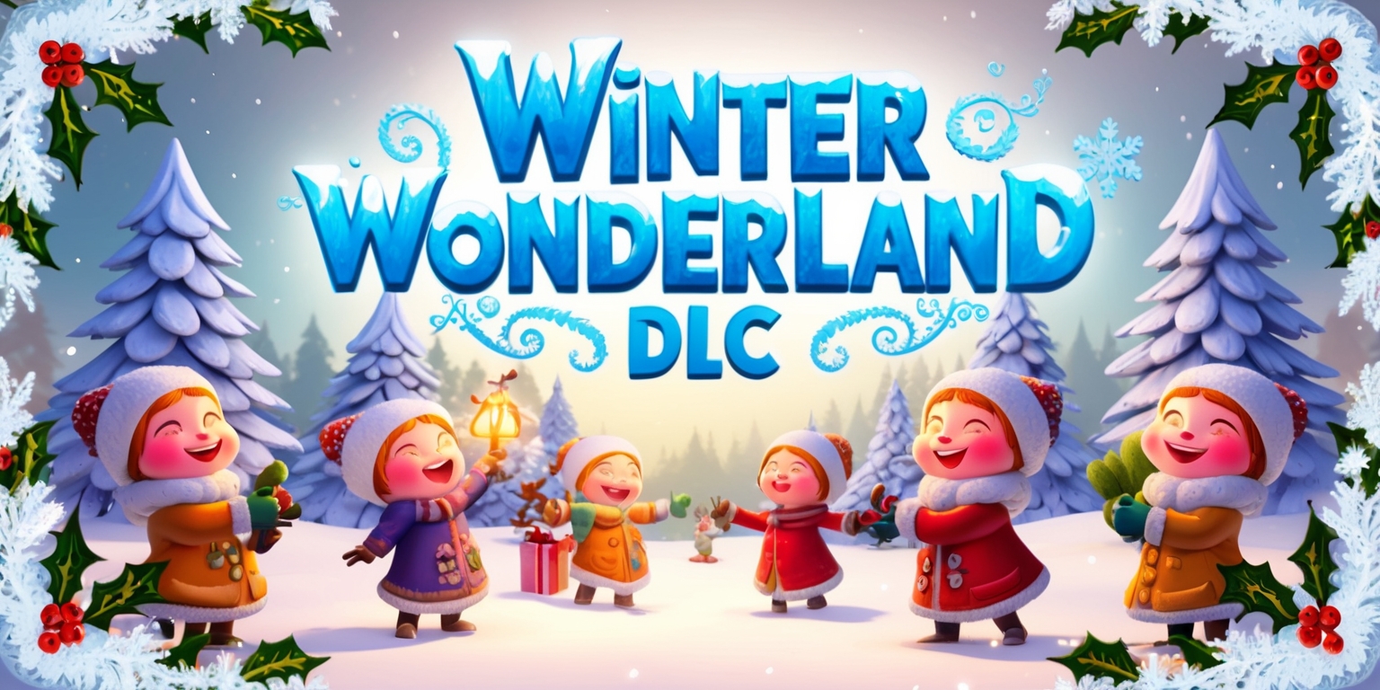 A serene winter landscape serves as the backdrop for a vibrant game scene, with the words Winter Wonderland DLC emblazoned across the top in bold, icy blue letters, adorned with frosty snowflakes and delicate swirling patterns, set against a soft gradient of pale blues and whites, while in the foreground, intricately designed game characters, with bright, rosy skin tones and warm winter attire, engage in joyful activities amidst snow-covered trees, their facial features filled with delight and wonder, as the atmosphere is filled with a warm, golden light, and the entire scene is framed by a subtle border of frosty pinecones and holly leaves, with the overall style resembling a whimsical, storybook illustration, bringing the magic of the Winter Wonderland DLC game to life.