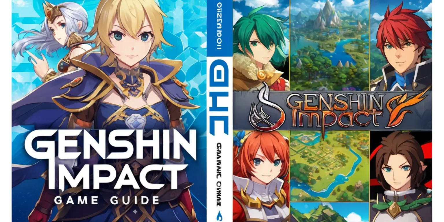 A comprehensive Genshin Impact game guide, featuring a visually appealing layout with a mix of vibrant colors and detailed illustrations of characters and landscapes from the game, including the main protagonists with distinct facial features and outfits, set against a stylized background of the game's fantasy world of Teyvat, with a bold, modern font used for headings and a clean, readable font for body text, incorporating the game's logo in a prominent position, with a color scheme that reflects the game's elemental themes, such as blue for water, red for fire, and green for nature, and additional design elements such as icons, diagrams, and maps to enhance the guide's usability and aesthetics.