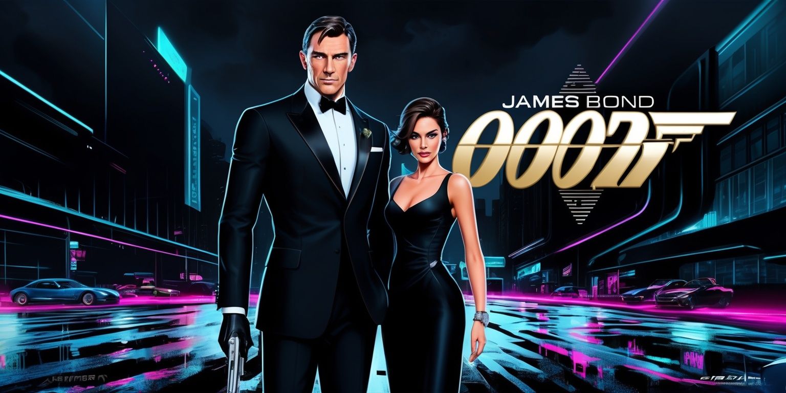A sleek and sophisticated digital illustration of a James Bond video game scene, set against a high-contrast backdrop of a nighttime cityscape with neon lights reflecting off wet pavement, featuring a tall, dark-haired, and suave James Bond character with a strong jawline and piercing blue eyes, dressed in a tailored black tuxedo, holding a silver Walther PPK pistol, with a beautiful and mysterious female companion standing beside him, both poised and ready for action, surrounded by subtle hints of high-tech gadgets and luxurious cars, with bold, golden fonts displaying the game's title and logos in a stylized, futuristic design, blending elements of espionage, adventure, and high-stakes danger, rendered in a vibrant, cinematic color palette with deep shadows and striking highlights.