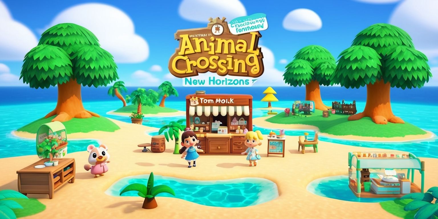 A vibrant and colorful digital illustration of the Animal Crossing: New Horizons game, set on a beautiful deserted island with lush green trees, crystal clear turquoise water, and a bright sunny sky with puffy white clouds, featuring Tom Nook's store and various adorable characters like Isabelle and K.K. Slider, with a mix of outdoor and interior elements, including furniture and decorations, in a whimsical and fantastical style, with bold lines, soft textures, and pastel colors, and a sense of warmth and coziness, with the game's logo prominently displayed in a fun and playful font.