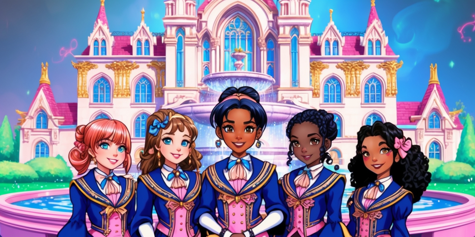 A vibrant, colorful illustration of a fictional Maiden Academy, a prestigious, magical institution for young girls, inspired by the aesthetic of popular Japanese mobile gacha games, with intricate, ornate details and subtle animations. The academy's facade is majestic, with towering spires, grand arches, and ornate Gothic-inspired architecture. The dominant colors are soft pastels, with a focus on pink, blue, and gold accents, evoking a sense of elegance and mystique. In the foreground, a group of five diverse students, each with unique facial features, hairstyles, and skin tones, are gathered near a grand fountain, dressed in elegant, intricately designed school uniforms with varying accessories and hairstyles. The students' expressions range from friendship and camaraderie to curiosity and wonder. The background is a subtle, gradient blue, with hints of wispy clouds and faint, shimmering magic particles. The overall style blends 2D and 3D elements, with bold lines, delicate textures, and a mix of realistic and stylized features.