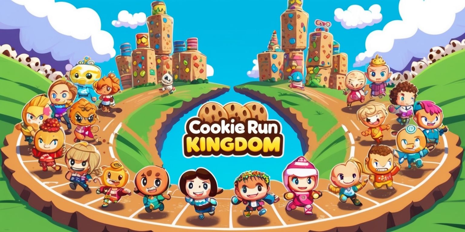 A vibrant and colorful illustration of the Cookie Run Kingdom game, featuring a variety of adorable cookie characters with distinct facial features and colorful outfits, set against a V-shaped landscape with rolling hills and towering cookie-themed buildings, with a bright blue sky and fluffy white clouds in the background, the characters are positioned in a circular formation, showcasing their unique attributes and skills, with bold lines and textures, and a mix of warm and cool colors, the overall style is reminiscent of a fantasy anime or cartoon, with intricate details and patterns on the characters and environment, and a sense of excitement and adventure.