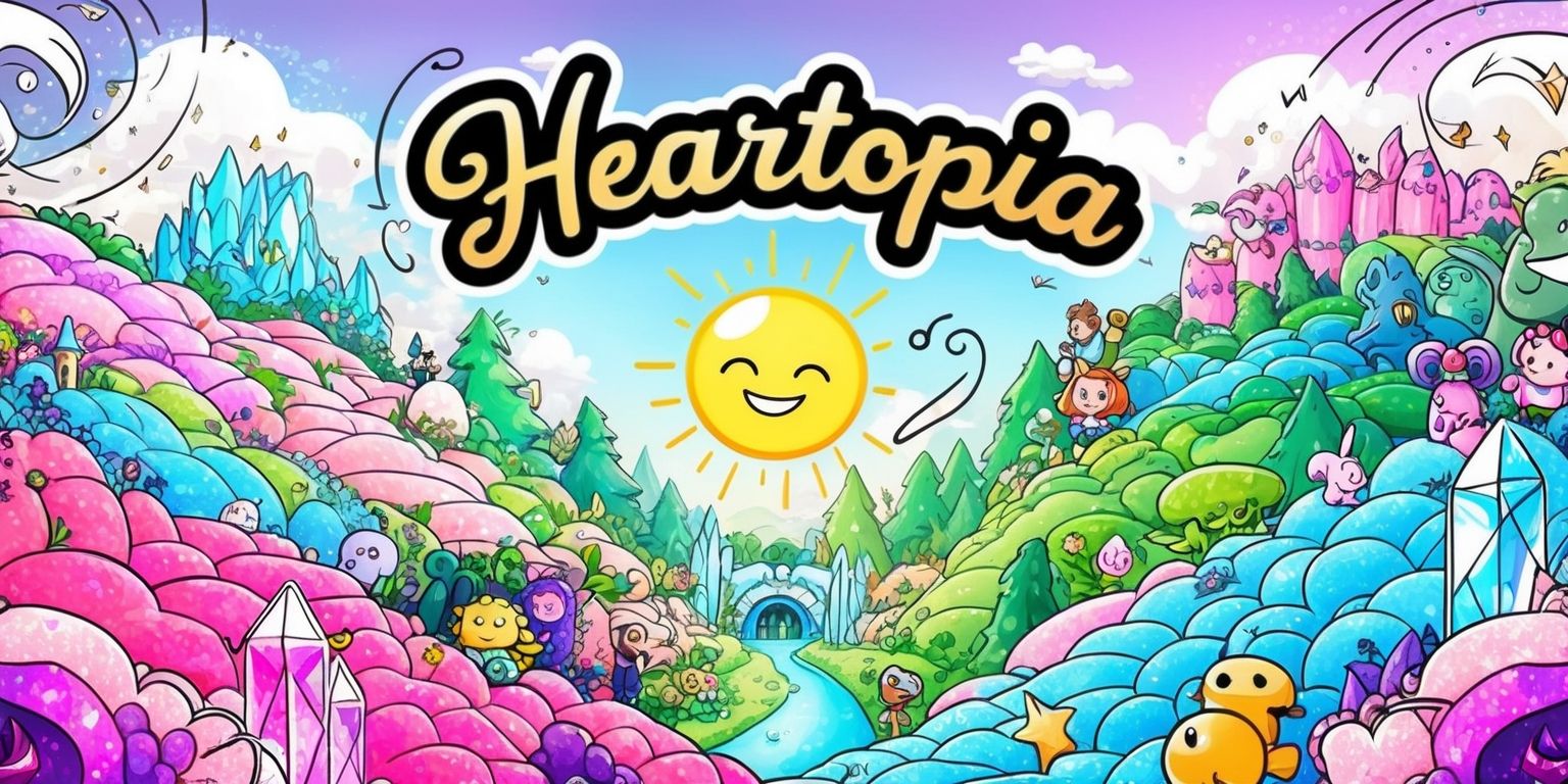A vibrant and whimsical digital artwork depicting the fantastical world of Heartopia, a dreamy game realm filled with rolling hills of pastel pink and blue, lush green forests, and sparkling crystal caves, under a bright sunny sky with fluffy white clouds, featuring a variety of colorful characters and creatures, including a central figure with bright smile and rosy cheeks, surrounded by swirling patterns of light and energy, with bold black outlines and delicate textures, and incorporating stylized typography with the words Heartopia written in cursive golden font at the top of the image, set against a subtle gradient background that shimmers with a mix of purple and silver hues.