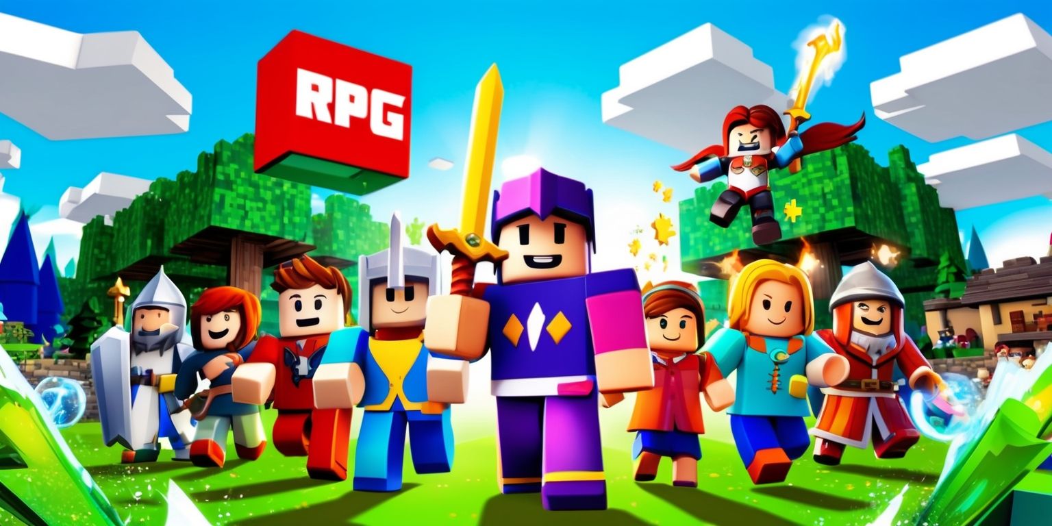 A vibrant digital artwork depicting a Roblox RPG game scene with stylized blocky 3D characters and environments, set against a bright blue sky with fluffy white clouds, featuring a diverse group of players with unique facial features, skin colors, and outfits, including a brave knight with a strong jawline and a female wizard with a kind smile, surrounded by lush green trees, medieval-style buildings, and magical special effects, with a mix of bold and pastel colors, and a dynamic layout that showcases the game's exciting action and adventure elements, with the Roblox logo subtly integrated into the scene in a modern, sans-serif font style and a bright green color.