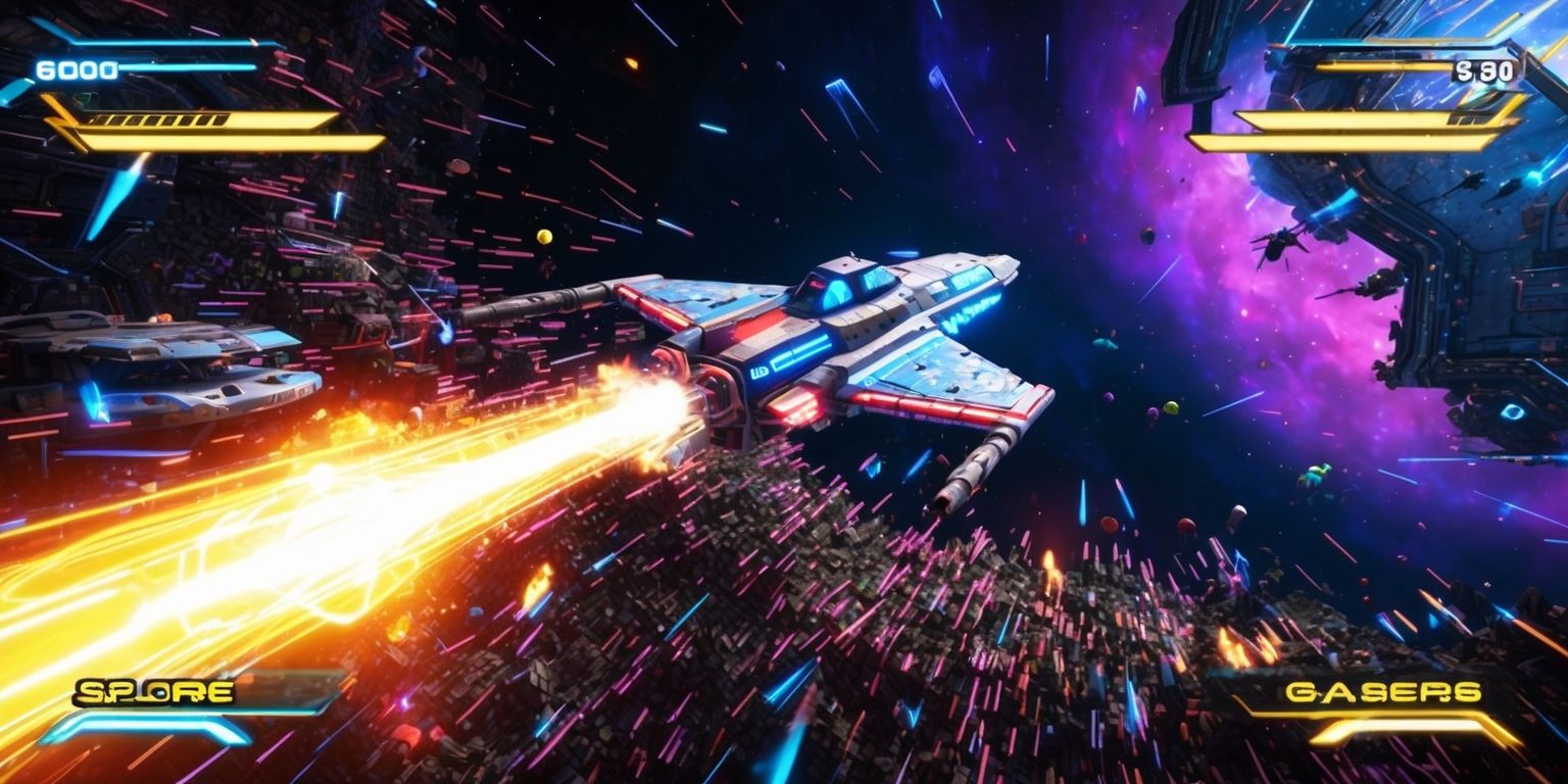 A vibrant and chaotic screenshot of a bullet hell roguelike game with a mix of colorful and metallic hues, featuring a lone spaceships navigate through a dense maze of neon bullets and lasers, set against a dark blue and purple galaxy background, with intricate details on the spaceship's design and glowing blue and red accents, surrounded by small explosions and debris, and a hint of a procedurally generated level layout in the distance, with bold white and yellow text overlays displaying player score and power-ups, and subtle particle effects and glowing trails emanating from the bullets and ship.