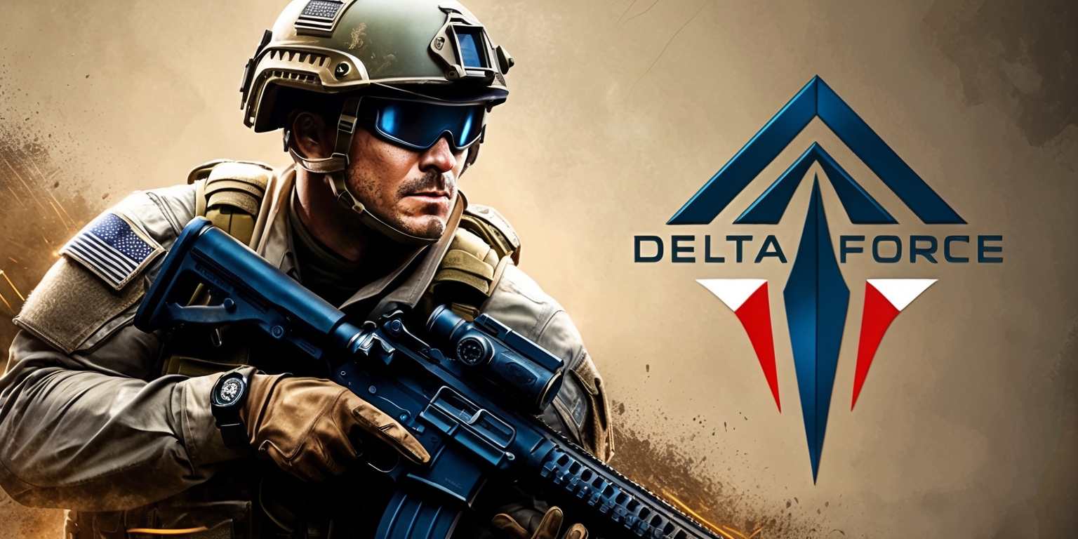 A dramatic digital art representation of Delta Force, a special forces operative, set against a muted, battle-worn backdrop with earthy tones, featuring a central figure clad in tactical gear, including a helmet, night vision goggles, and a combat uniform, with a rugged, determined expression, a strong jawline, and a mix of Caucasian skin tones, holding a rifle at the ready, with a subtle, golden light cast on the subject, accentuating the textures of the equipment and environment, in a cinematic, wide-angle shot, with bold lines, and a sense of dynamic movement, incorporating the distinctive Delta Force insignia or logo in a bold, modern font, with a metallic sheen, and a splash of patriotic colors, red, white, and blue, subtly integrated into the design.