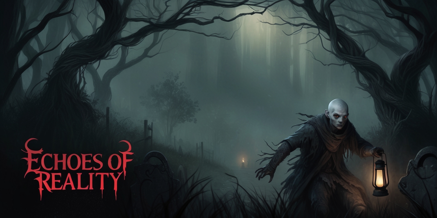 A haunting, atmospheric illustration of a dense, misty forest, with twisted tree branches and gnarled trunks, set against a dark, foreboding sky, as if the very fabric of reality is distorted, with faint, eerie glows and flickering lights in the distance, hinting at the intersection of historical truth and urban legend, where a lone figure, with a determined expression, pale skin, and worn, tattered clothing, navigates through the underbrush, with a lantern in hand, casting long, ominous shadows, surrounded by subtle, cryptic symbols and ancient, weathered artifacts, with a sense of foreboding and unease, as if the player is about to uncover a dark, long-hidden secret, with the words Echoes of Reality etched in bold, gothic letters, in a blood-red color, across the top of the image.