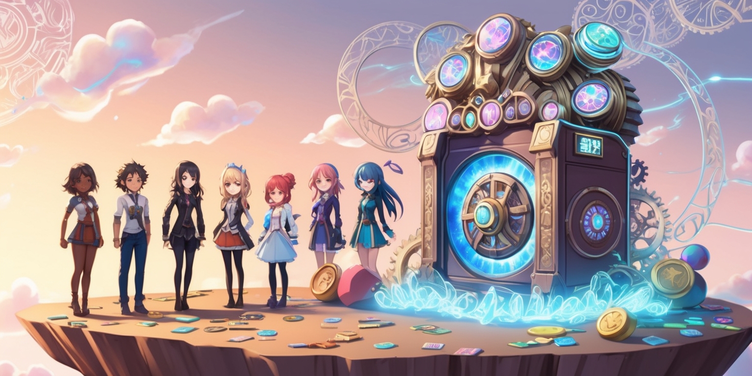 A vibrant, anime-inspired digital illustration of a fantastical gacha strategy game scene, set against a warm, sunset-hued background with delicate, swirling cloud patterns, featuring a diverse group of six unique characters, each with distinct facial features, skin tones, and hairstyles, standing on a floating island surrounded by shimmering, iridescent orbs and intricate, gear-like machinery, with a large, ornate gacha machine at the center, adorned with glowing runes and pulsing with a soft, blue light, surrounded by scattered, colorful cards and coins, with bold, cursive script displaying the game's title in shimmering silver letters, accented with subtle, neon-lit effects and ornate, filigree-patterned details throughout the composition.